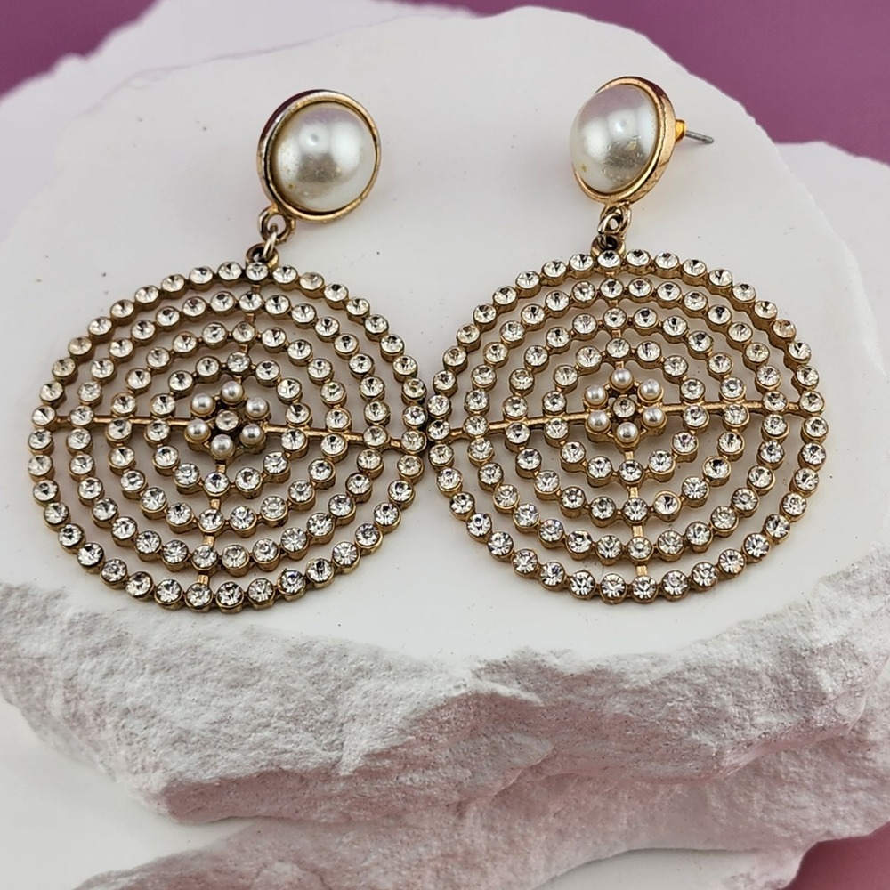 Gold Tone Faux Pearl Rhinestone Round Dangle Statement Earrings Gift Classic
